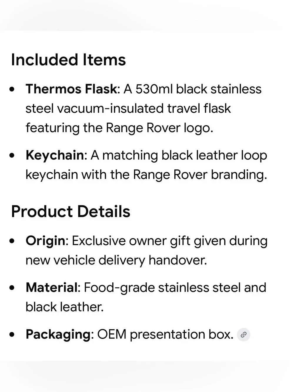 NEW Range Rover Stainless Steel Thermos Flask & Leather Keychain Set